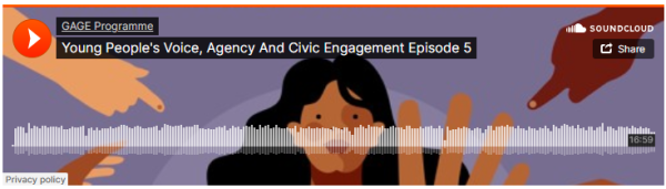 Screenshot showing soundcloud thumbnail of the podcast, including title and play button