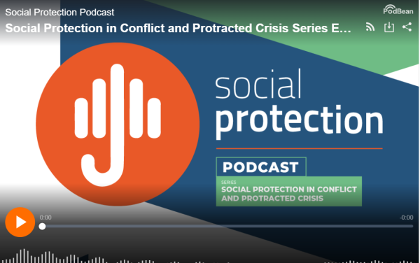 Screenshot of the podcast background, including title, social protection podcast logo and series title. 
