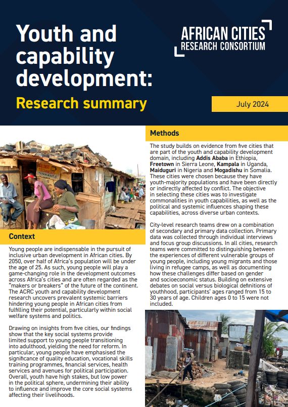 Screenshot showing first page of resource, including title, African Cities Research Consortium logo, a description of research context and  methods, and two pictures of people in slum setting 