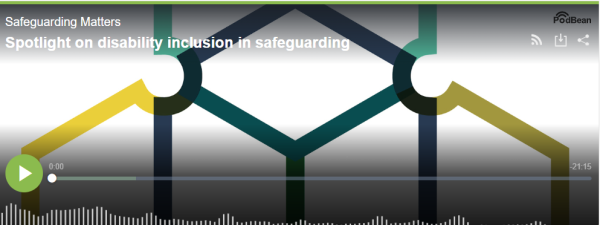 Screenshot of the podcast playing tool, including the title, the play button and a background of the resource and support hub’s logo 
