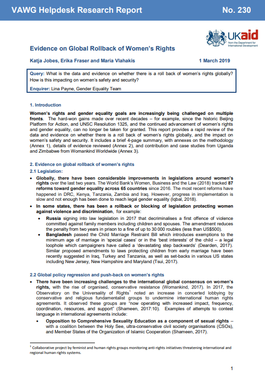 Screenshot showing the first page of the report, including title, authors, query question, the body of introducing text, and the  UKaid logo