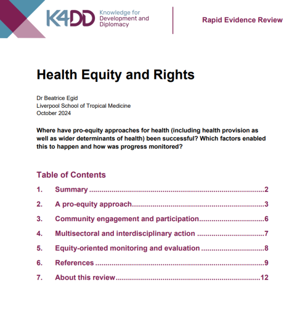 Screenshot showing first page of resource, including title, author, table of contents, and the knowledge for development and diplomacy logo