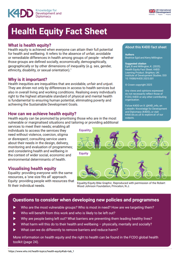 screenshot showing the factsheet, including the title, body of text, the knowledge for development and diplomacy and UK Aid Logo, and an image to represent the difference between equality and equity using people of different abilities on different sized bicycles 