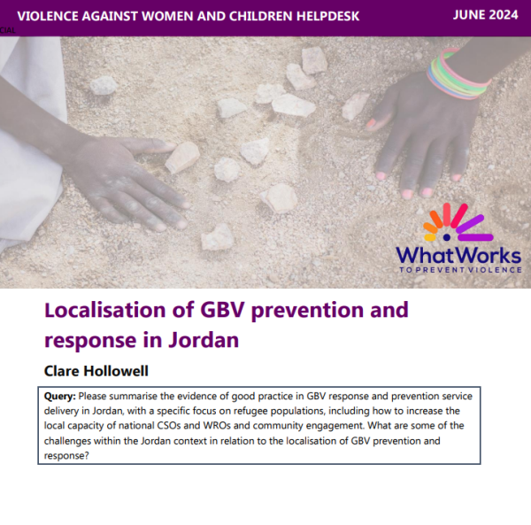 Screenshot of first page of report, including the title, author and query information, the what works to prevent violence logo and a background picture of two hands touching the ground  
