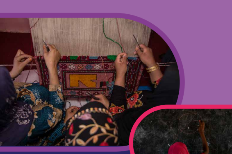screenshot showing the title page of the resource, including title, UKaid and What Works logos, and a photo of two people embroidering.