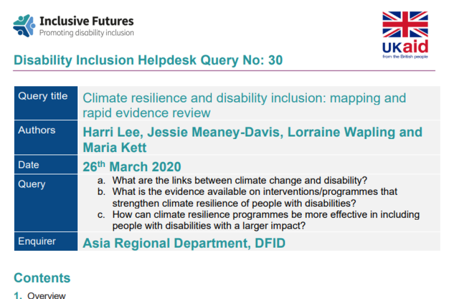 Screenshot showing the first page of the resource, including the inclusive futures and ukaid logo, title, and contents list.