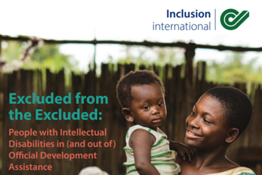 Screenshot showing the cover page of the resource, including the inclusion international logo, report title and a photo of a person holding a child. 