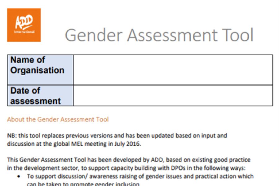 Screenshot showing the first page of the resource, including the action on disability and development international logo, and a description about the tool, who uses the tool and how to use the tool. 