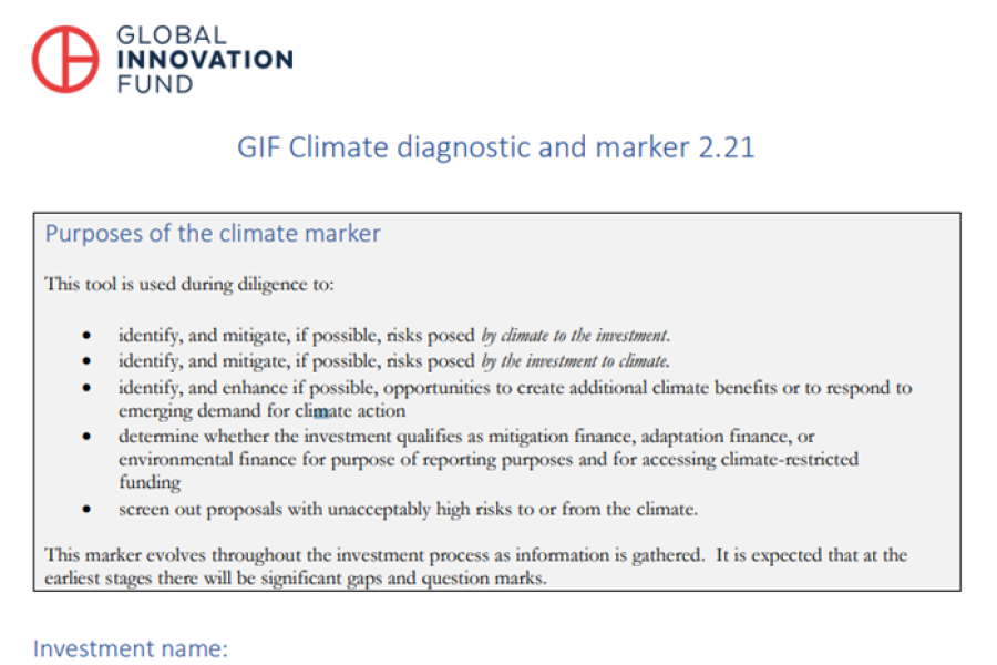 Screenshot showing the first page of the resource, including the global innovation fund logo, title, and a text box containing the purposes of the climate marker. 