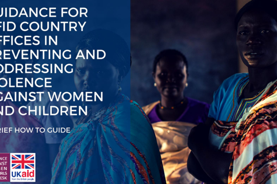 Screenshot showing the cover page of the resource, including the title, violence against women and girls helpdesk and ukaid logo, and a background photo of three people. 