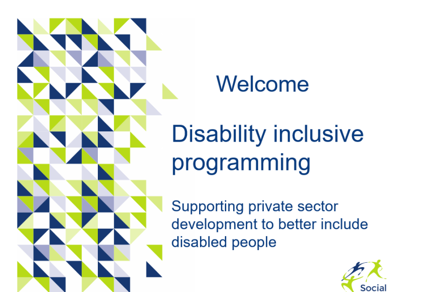 Screenshot showing the first slide of the training including the social development direct logo and title of the resource.