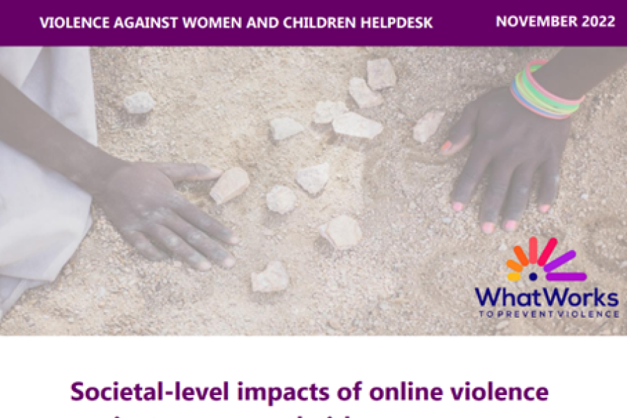 screenshot showing the title page of the resource, including title, irc, raising voices, social development direct, breakthrough and care and what works logos, and a photo of two hands of children playing in the sand with stones.