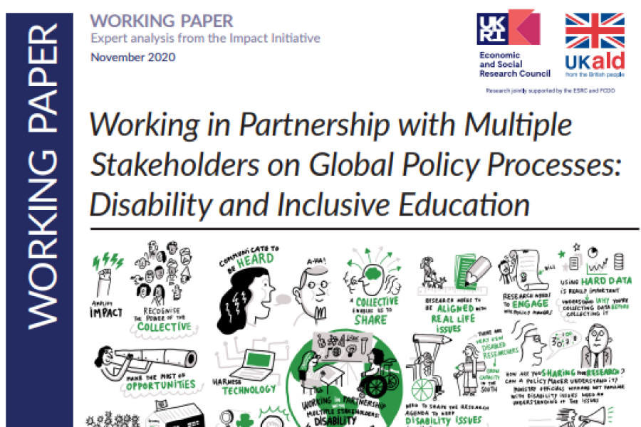 a screenshot of the first page of the resource showing the title, ukaid logo, economic and social research council logo, an introduction and infographic of disability and inclusive education.