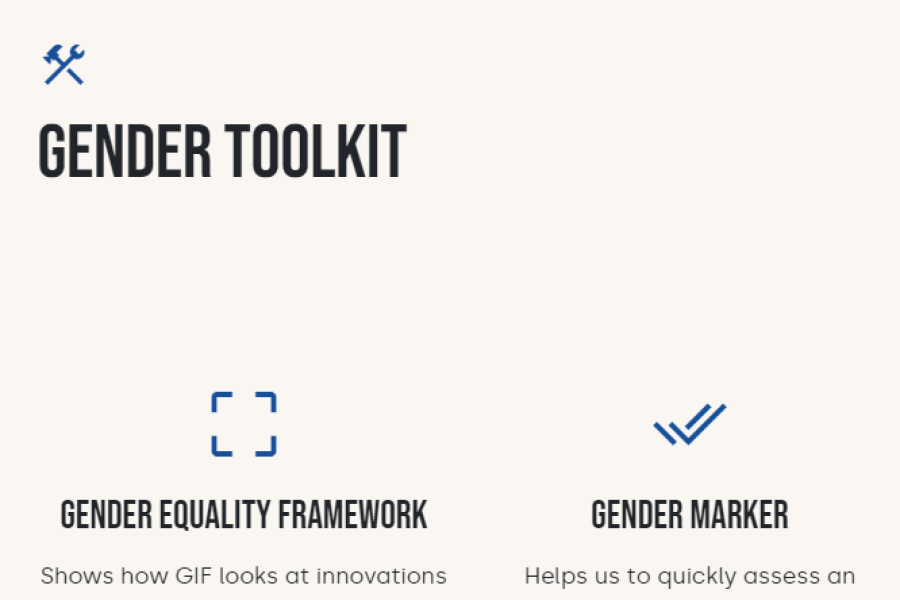 Screenshot showing the global innovation fund gender toolkit, an overview of the four sections in the toolkit with red buttons to download. 