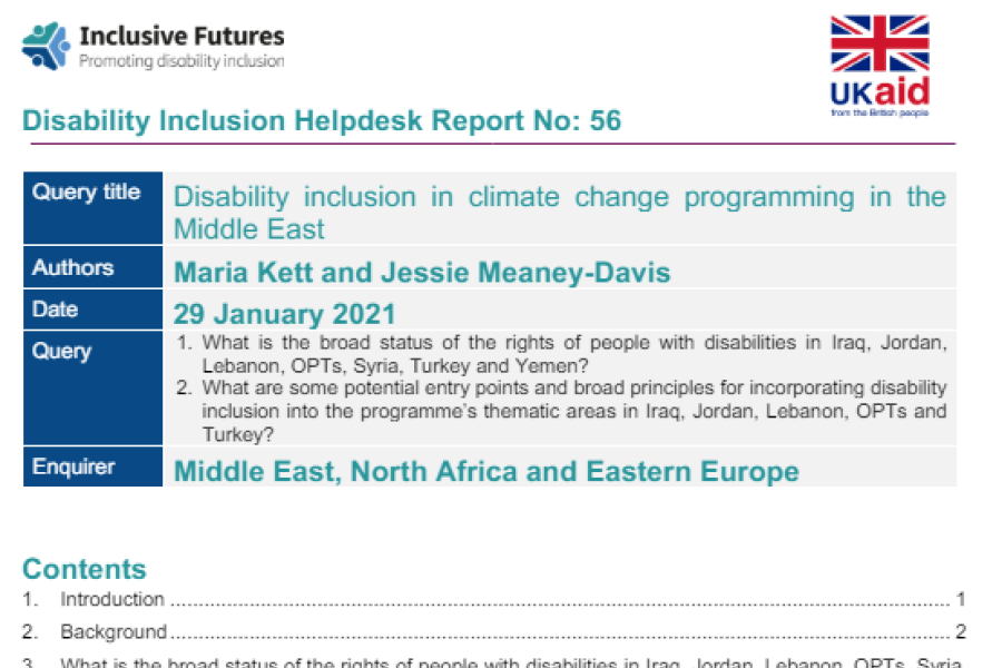 Screenshot showing first page of the resource, including inclusive futures logo and Ukaid logo, the title, authors, date of publication, query questions, and enquiry. It also shows the outline of contents and the first part of the introduction. 