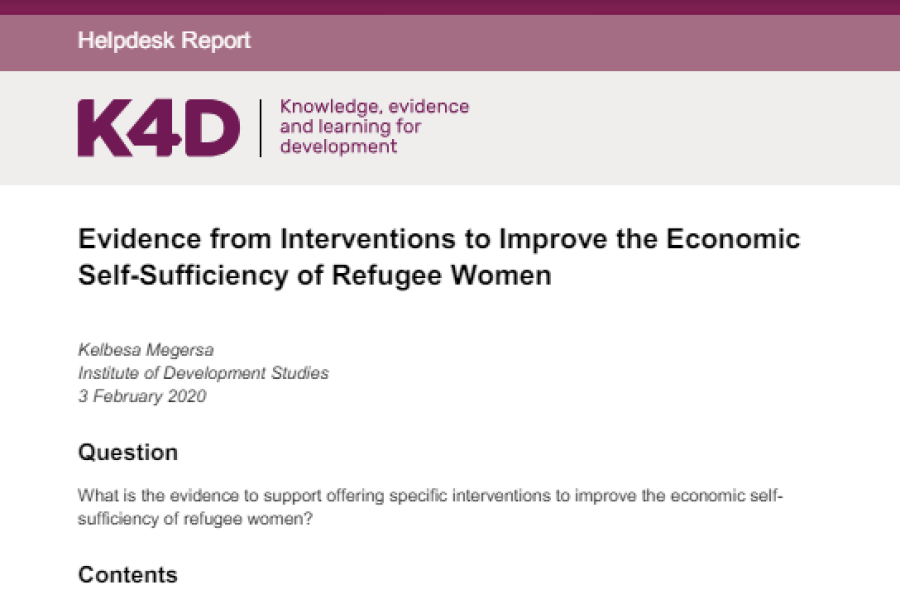 Screenshot showing first page of the resource, including knowledge, evidence and learning for development logo, title, author, research question, and contents. 