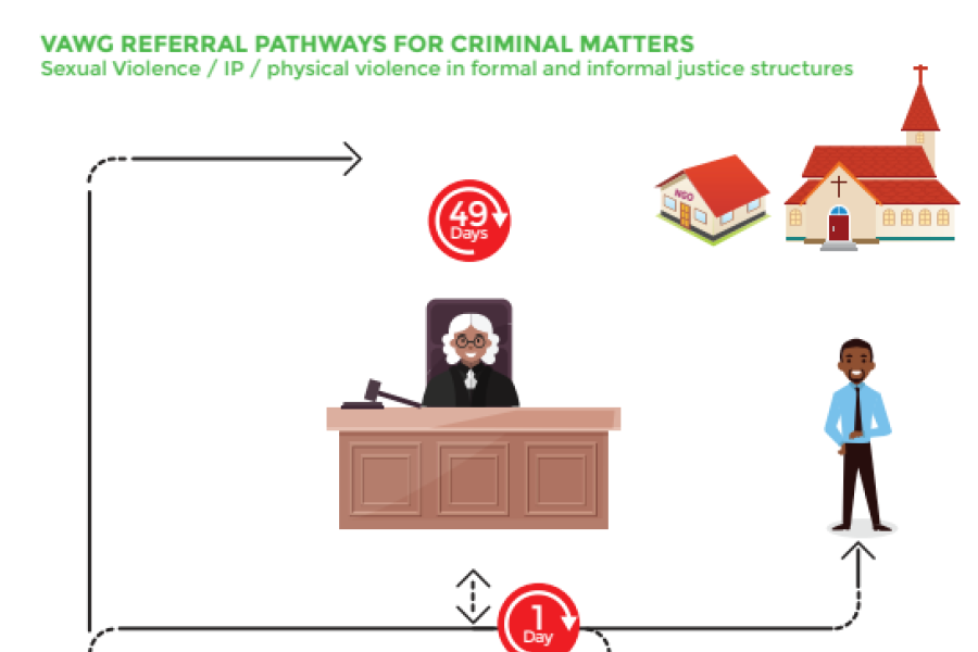 a screenshot of one of the posters, showing the poster title, a flowchart illustrating what happens when a report of gender-based violence is made, with drawings of stakeholders involved in the process.