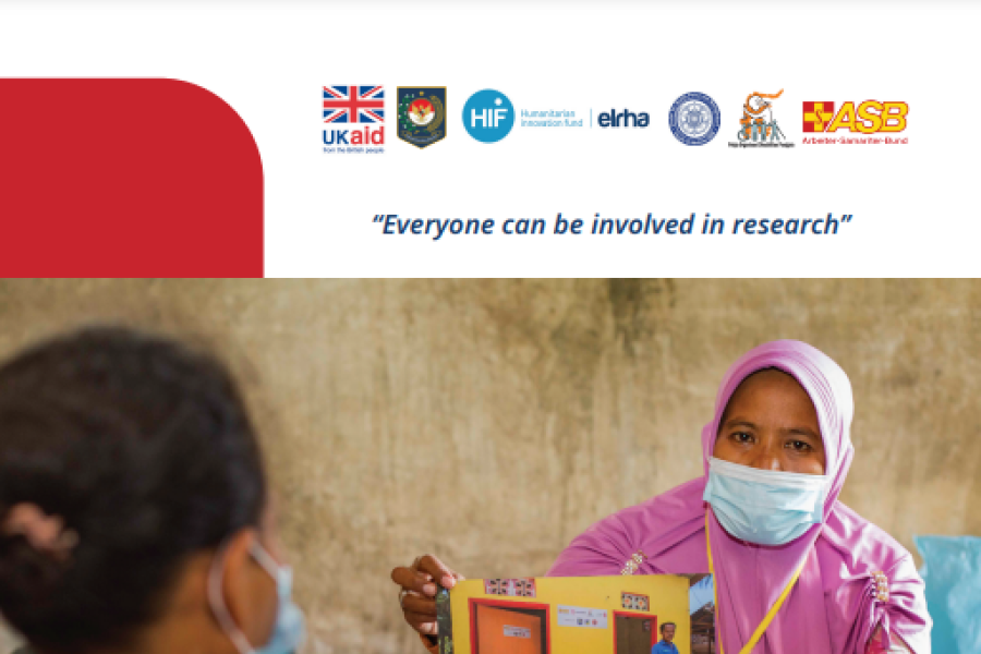 a screenshot of the first page of the resource, showing a photo of a person in the headscarf and facemask presenting a photo of a toilet building, the title and publishers’ and ukaid logos.