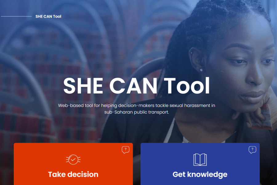 a screenshot from the home page of the tool, showing the title, navigation buttons and a photo of a woman sitting on a public transport.