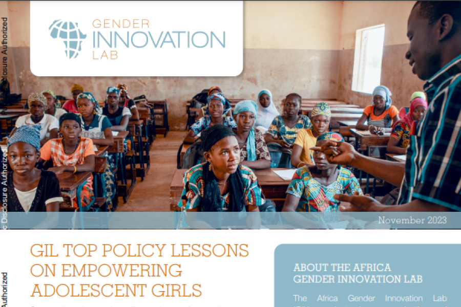 screenshot of first page of resource, including gender innovation lab logo, a photograph of children sitting in desks in a classroom, the resource title and body of text 