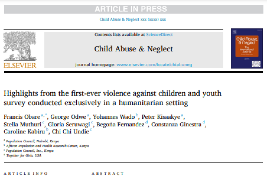 screenshot showing the first page of the resource, including resource title, authors, abstract and article information, the Elsevier logo and child abuse and neglect logo 