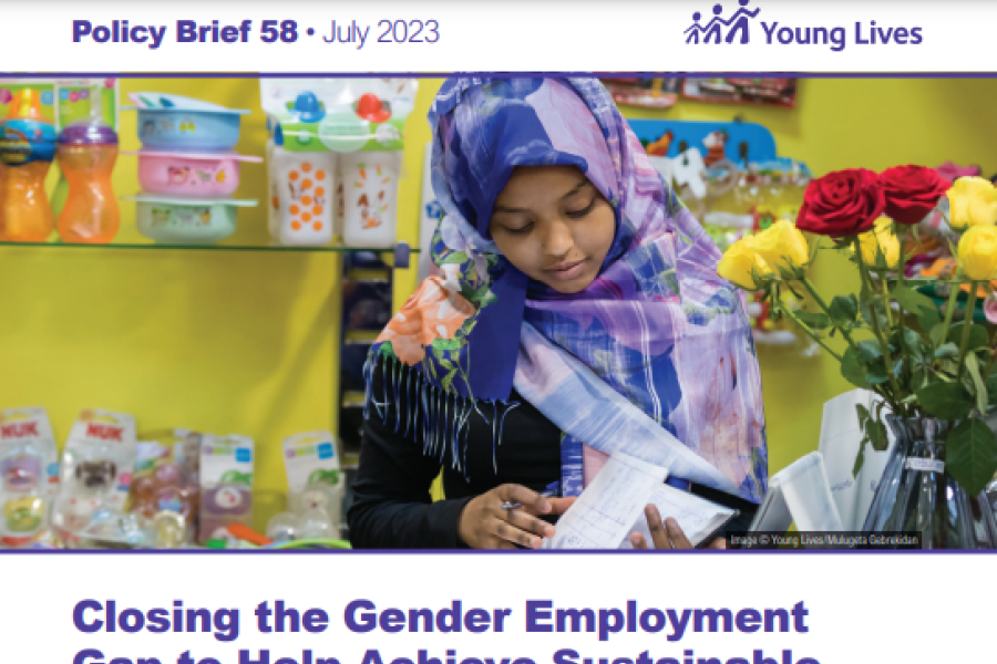 A screenshot of the title page of the policy paper, showing the title, Young Lives logo, and an image of a young Hijabi woman of colour wearing a hijab, representing women in education or employment settings.