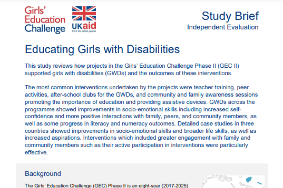 A screenshot of the title page, showing the study title, Publisher’s and UK Aid logos at the top left corner, a heat map of the study countries, an image of a young child’s hands reading something in braille, representing children with disabilities in education settings in the Global South.