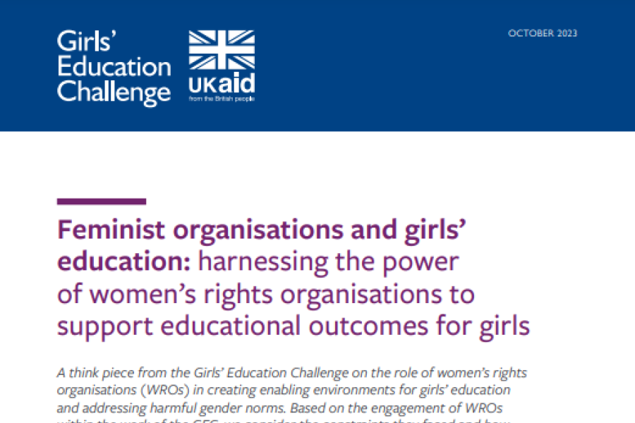 A screenshot of the title page, showing the title, Girls’ Education Challenge and ukaid logos, date of publication, an image of a woman speaking to a group of women , and author details.