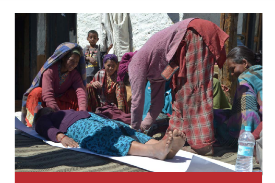 A screenshot of the resource page, showing the title, an image of women participating in a Care Body Map activity in Nepal, a second image of a Body Map, author and publication details and publisher’s logo.