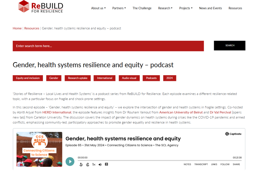 A screenshot of the publisher’s website, showing publisher’s logo, resource title and description, followed by the podcast player.