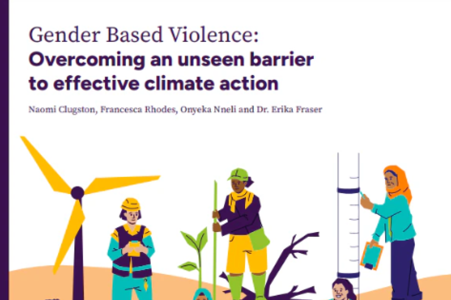 Screenshot showing the title page of the report, including the title, authors, logos for UKaid, Australian government and what works to prevent violence,  and different graphics of women working in climate action jobs. 
