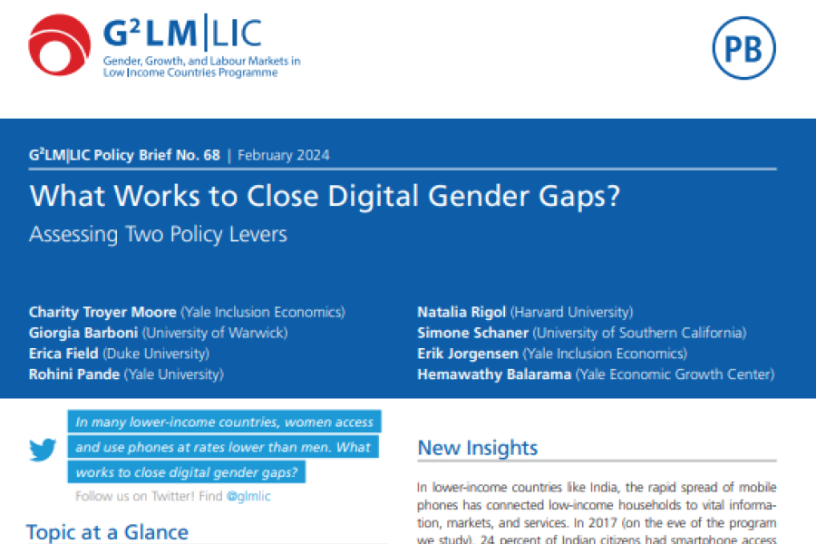 Screenshot showing the first page of the resource, including the title, authors, graph showing recent advanced phone use, body of text and the gender growth and labour markets in low income countries programme logo 