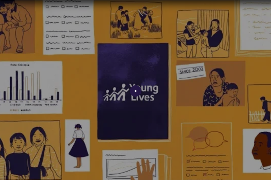 Screenshot of the thumbnail of the video, including the young lives logo and other graphics of children and graphs