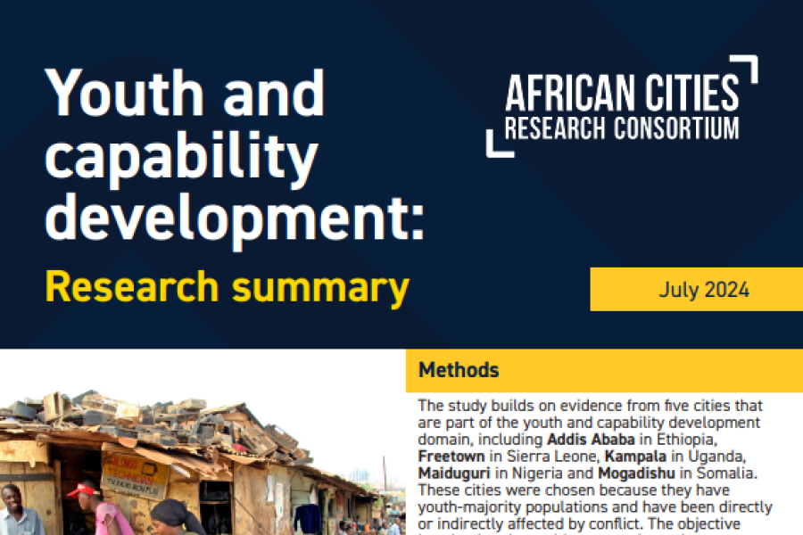 Screenshot showing first page of resource, including title, African Cities Research Consortium logo, a description of research context and  methods, and two pictures of people in slum setting 