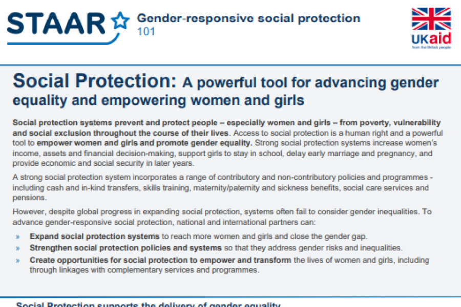 Screenshot of the fact sheet, including the STAAR and UKaid logo, introduction and flowchart on what, why and how social protection supports the delivery of gender equality. 