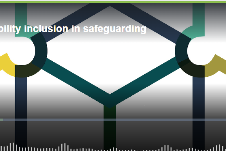 Screenshot of the podcast playing tool, including the title, the play button and a background of the resource and support hub’s logo 