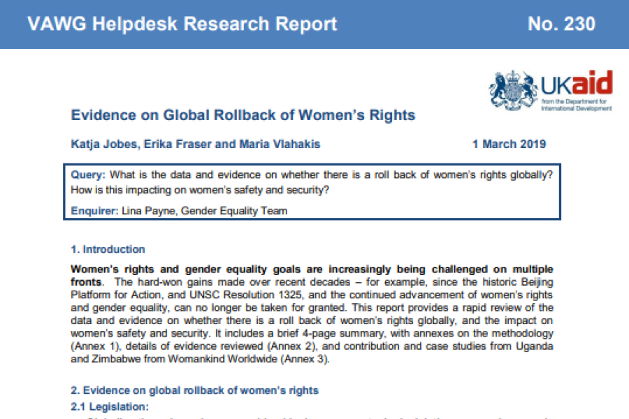 Screenshot showing the first page of the report, including title, authors, query question, the body of introducing text, and the  UKaid logo
