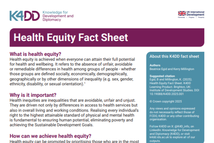 screenshot showing the factsheet, including the title, body of text, the knowledge for development and diplomacy and UK Aid Logo, and an image to represent the difference between equality and equity using people of different abilities on different sized bicycles 
